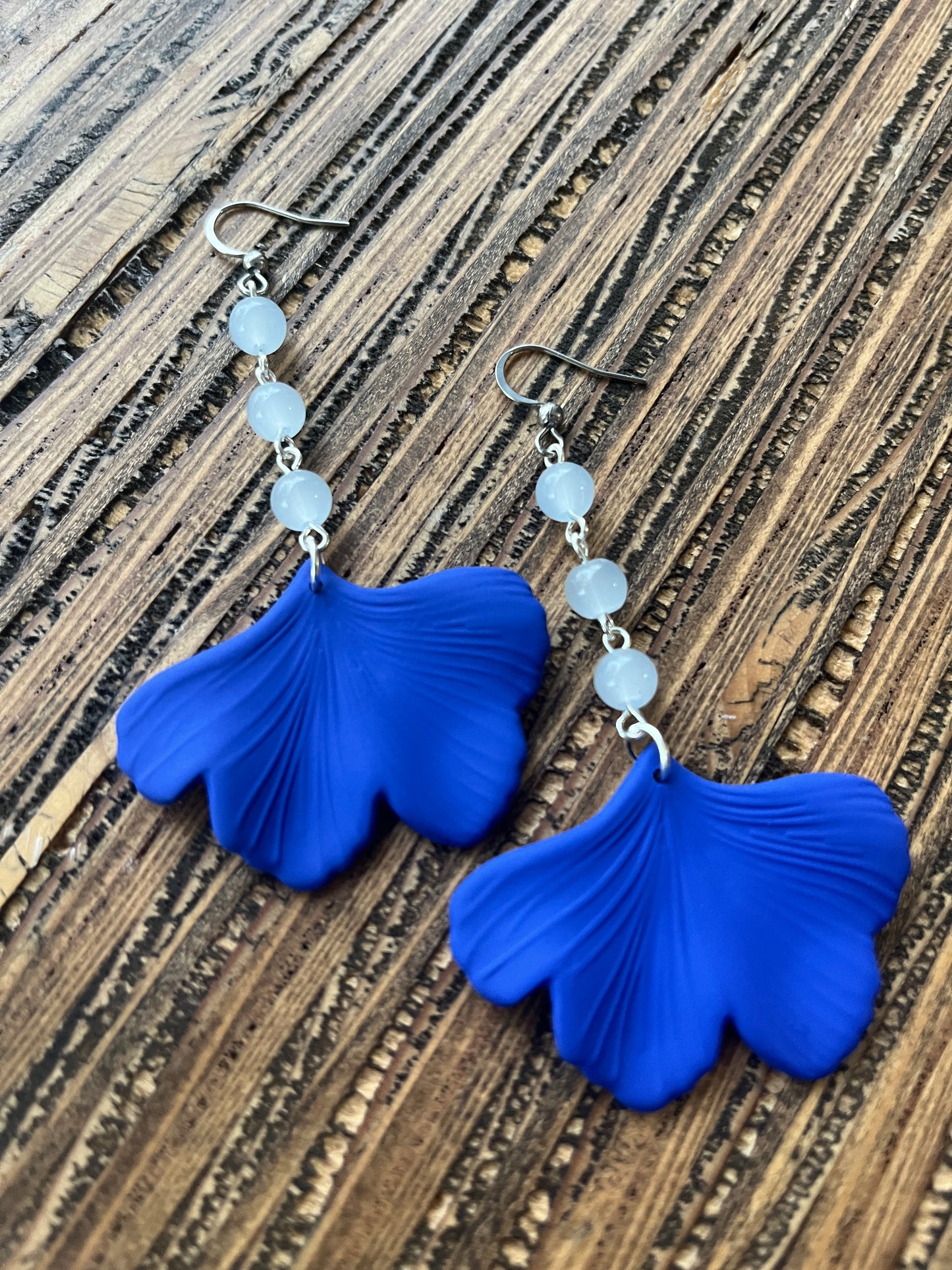 Blue with Blue Ginkgo Petal Drop Earrings