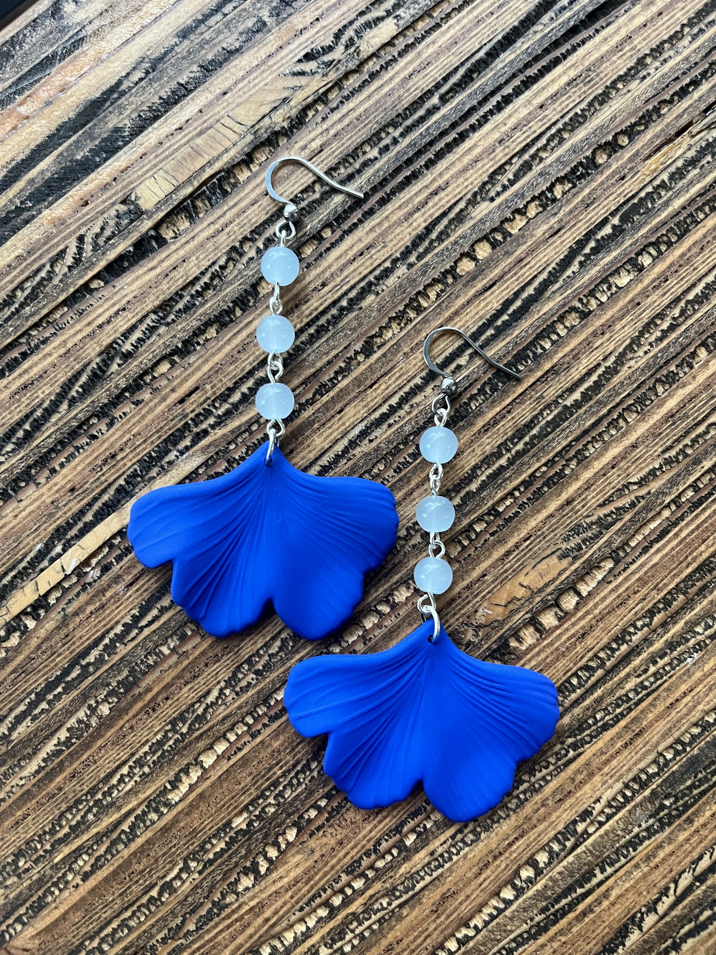 Blue with Blue Ginkgo Petal Drop Earrings