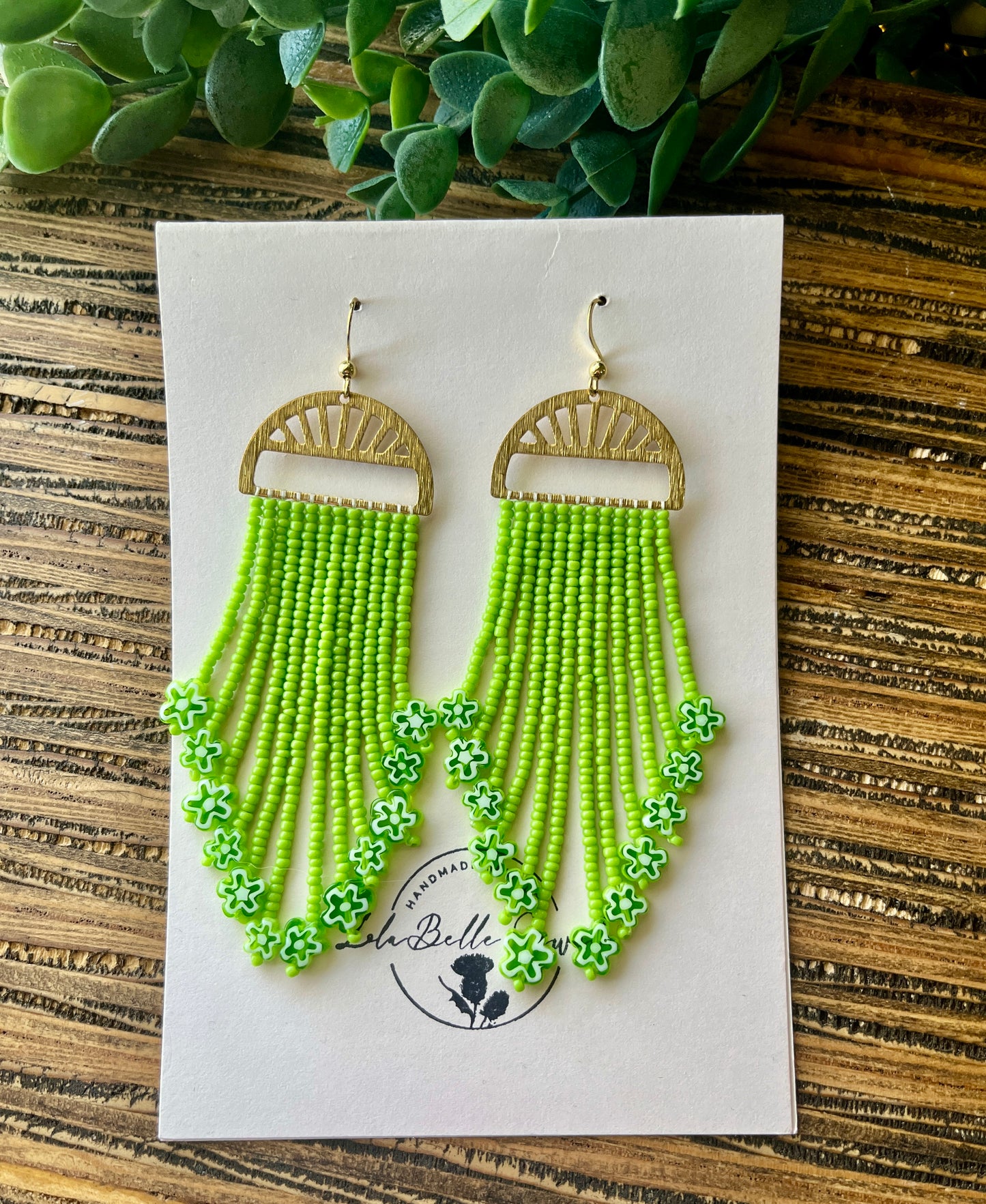Green Flower Fringe Earrings