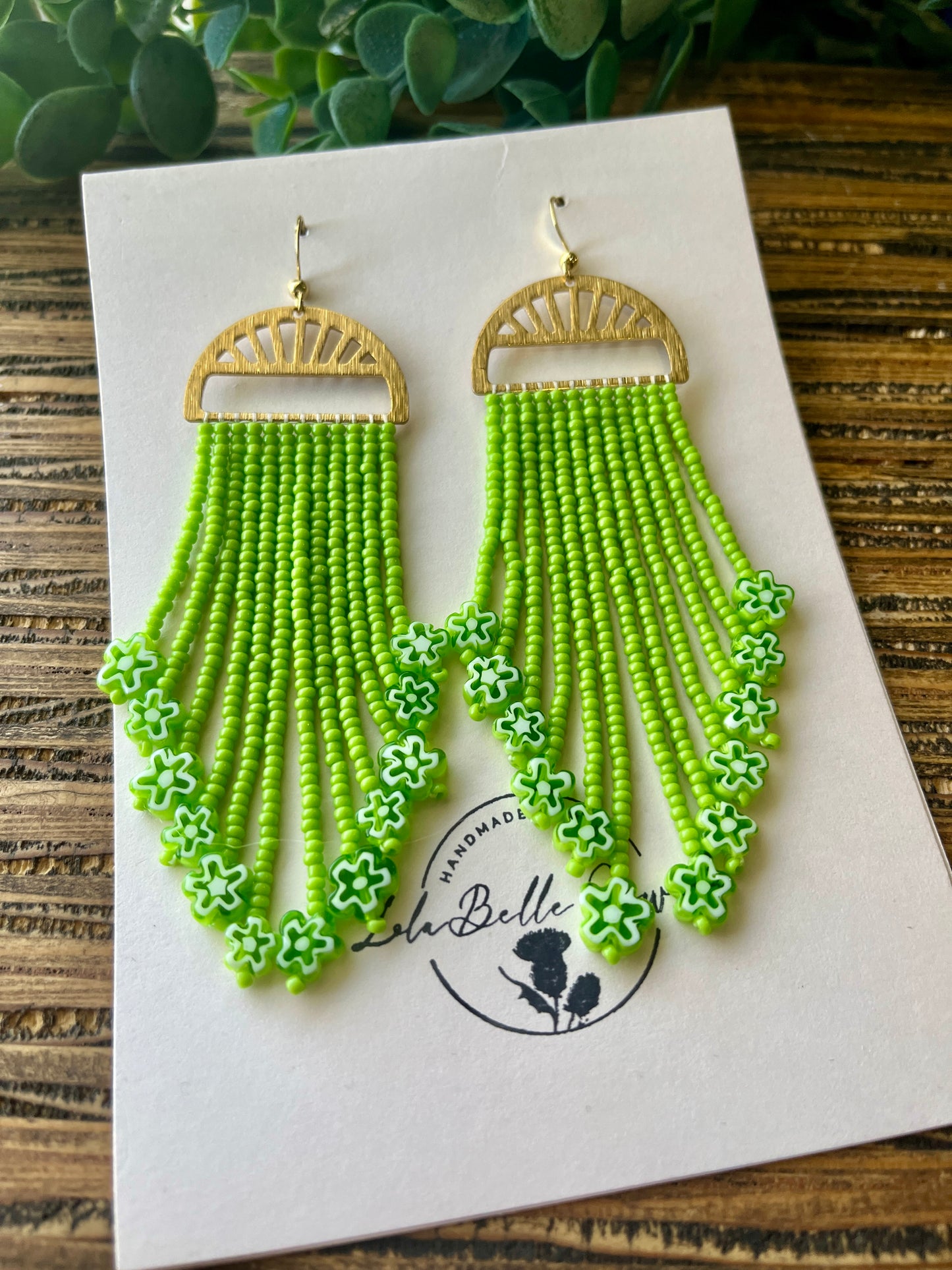 Green Flower Fringe Earrings