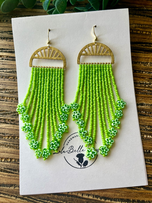 Green Flower Fringe Earrings