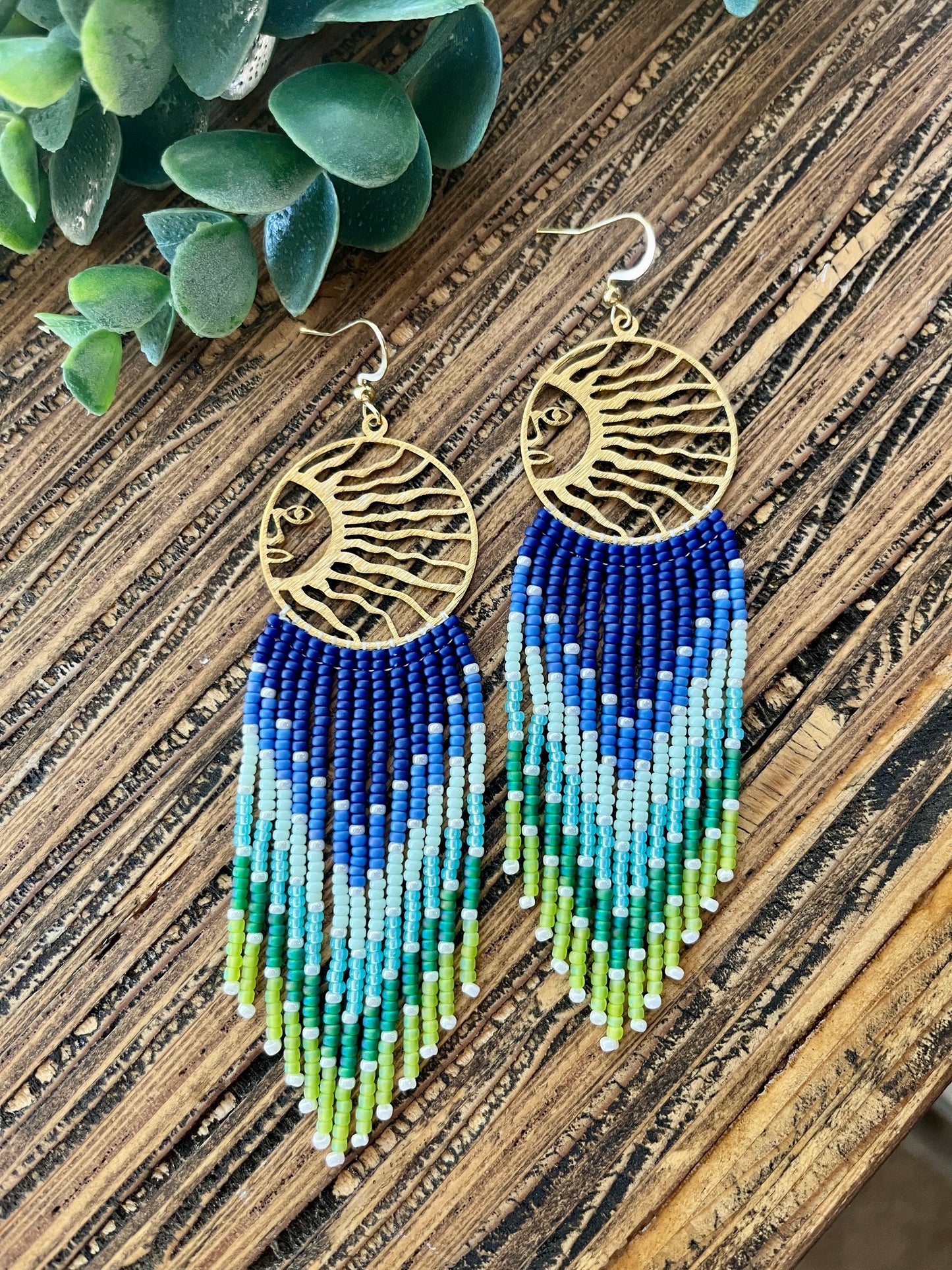 Cool Blue Ombre Sun Top Fringe Earrings