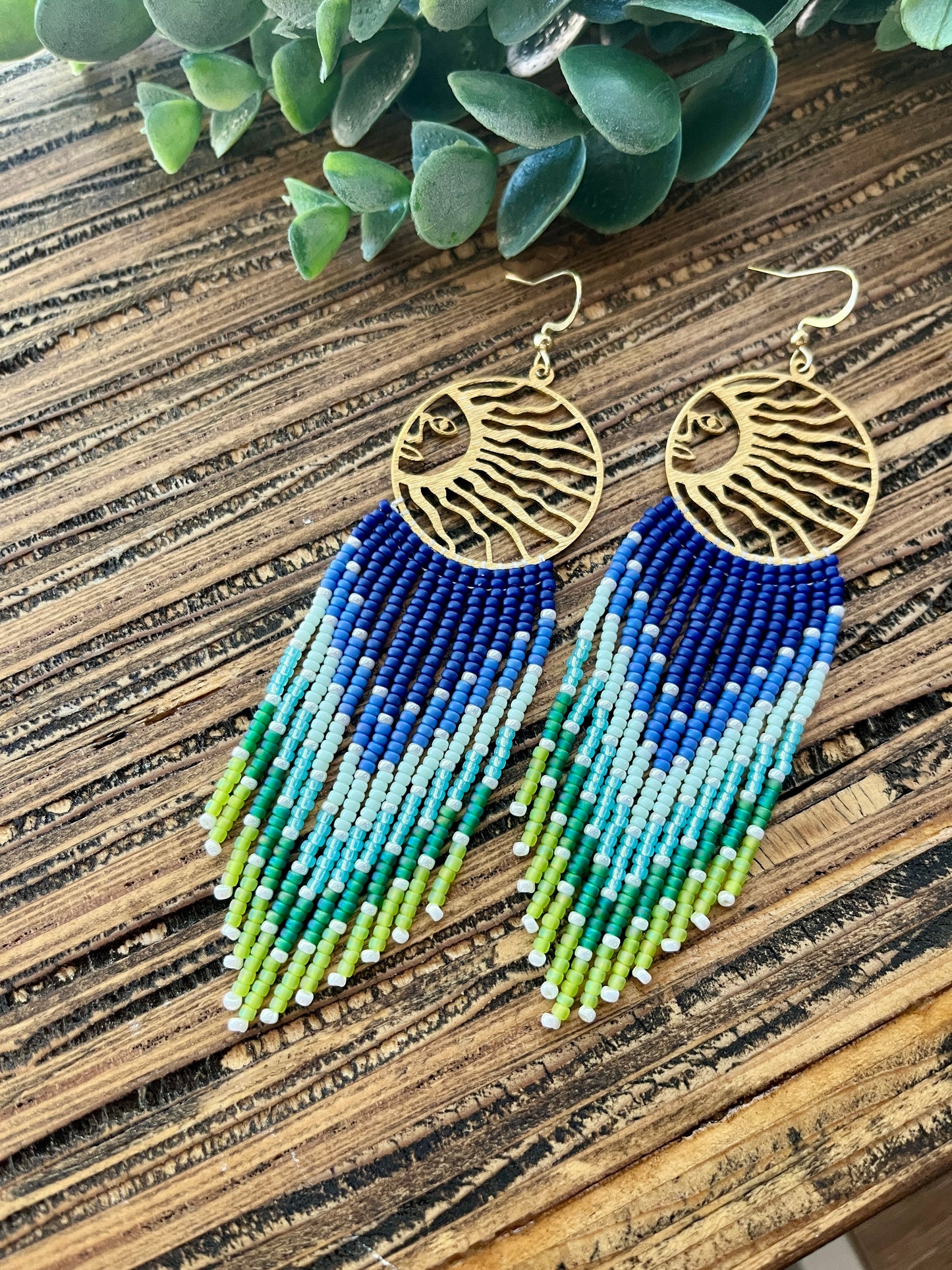 Cool Blue Ombre Sun Top Fringe Earrings